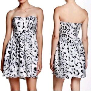 PARKER Mini Dress, Black Gray White Tie Dye Polyester Strapless Sleeveless, S